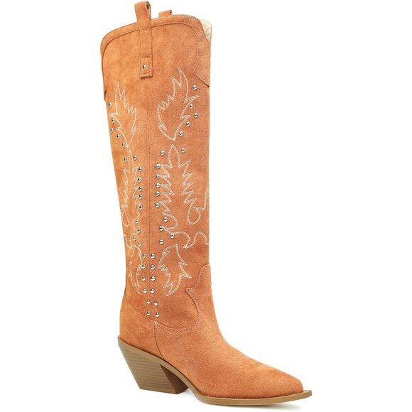 Women Faux Suede Tan Thick Heels Pointed toe Studs Embroider Rivets Riding Boots - Picture 3 of 8